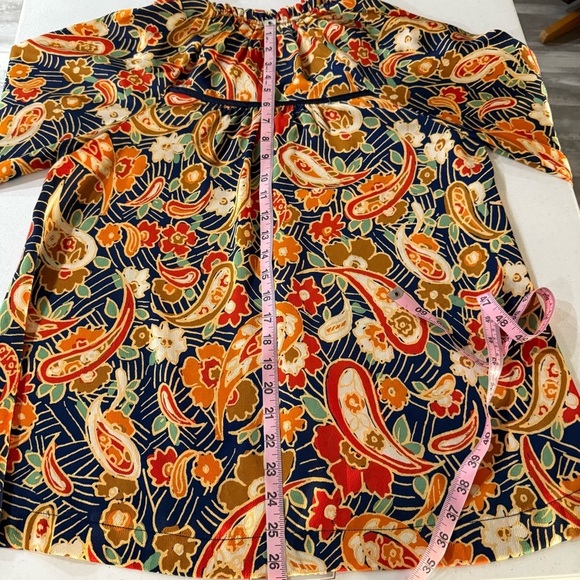 Umgee Paisley Blouse Ruffle Neck Long Sleeve Gold/Navy Satin-like Women’s Medium - Picture 7 of 11